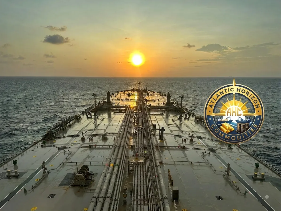 Cargo ship at sunset on the ocean representing global commodity trade