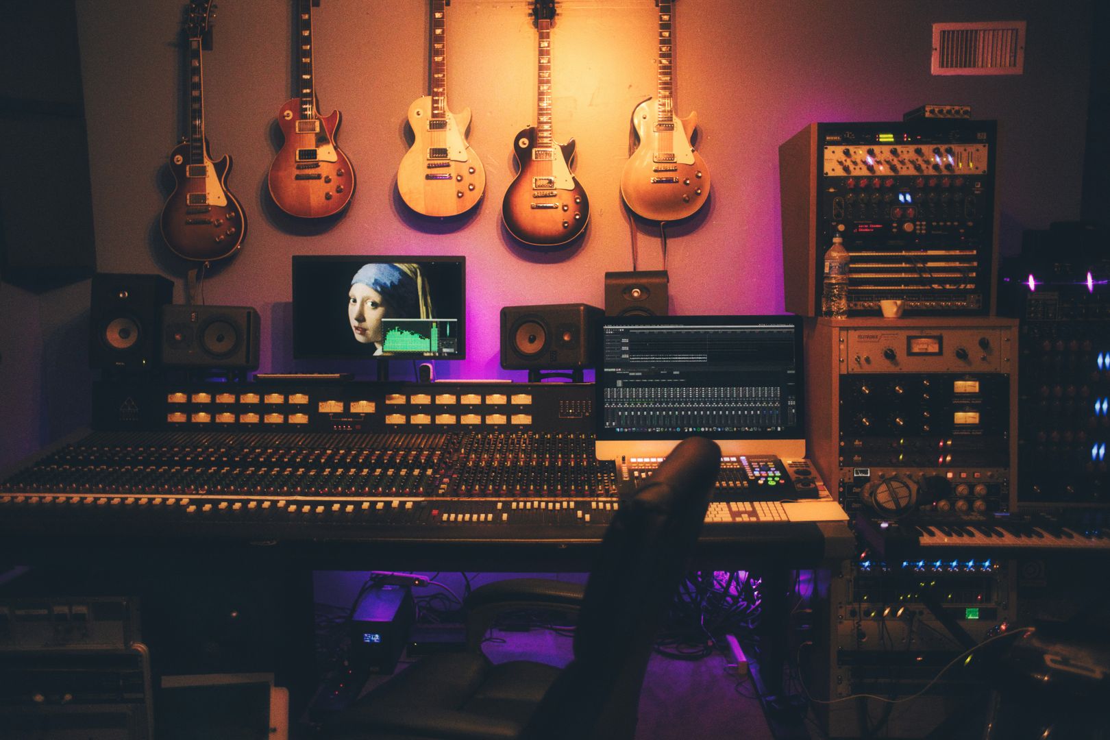Modern recording studio with neon lights