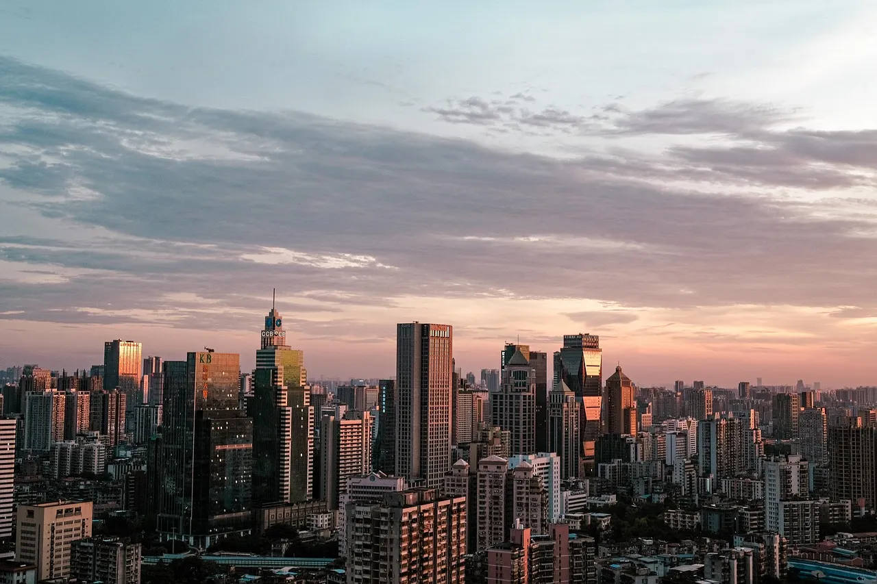 Glowing city lights at dusk