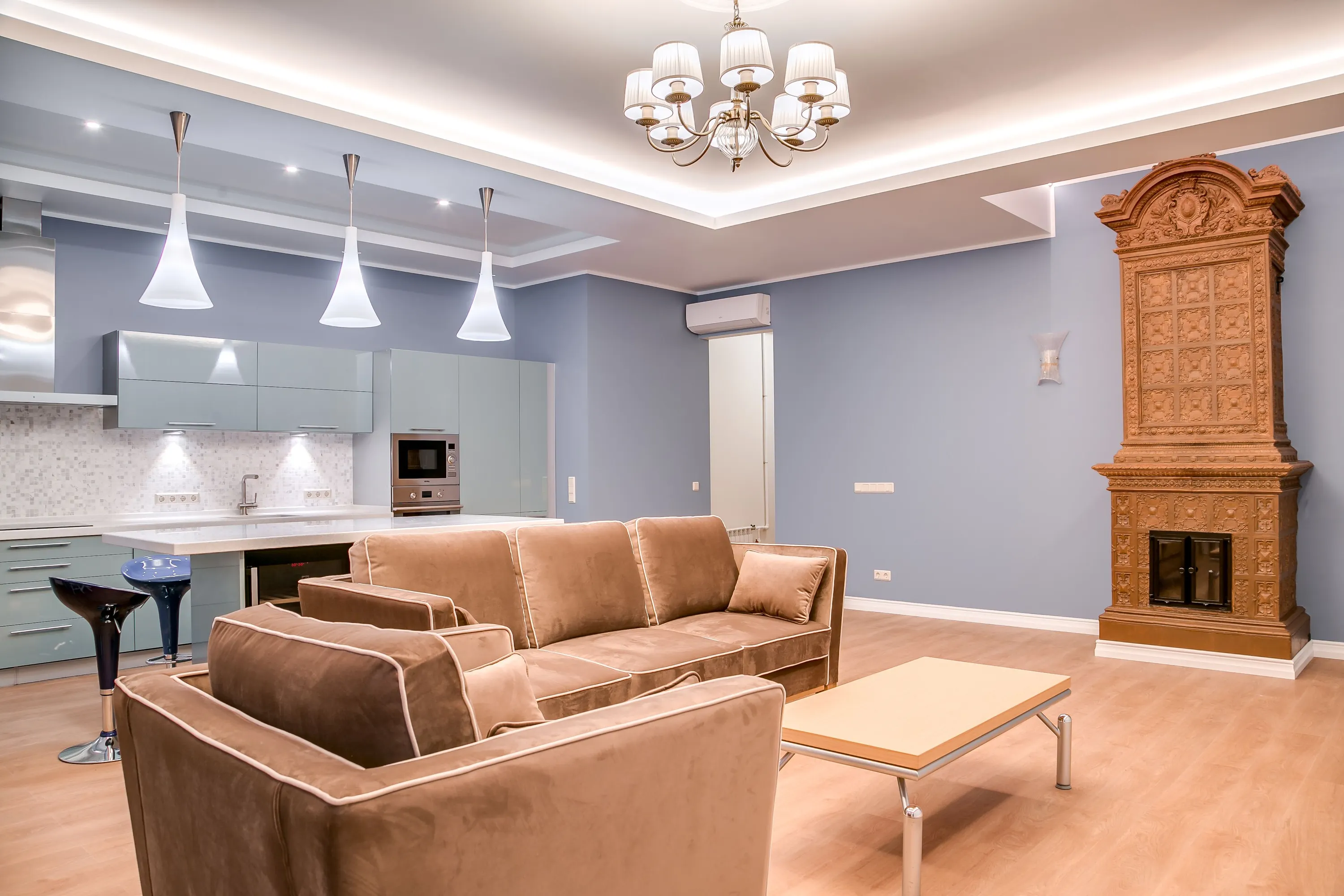 Sun-drenched living room with blue accents