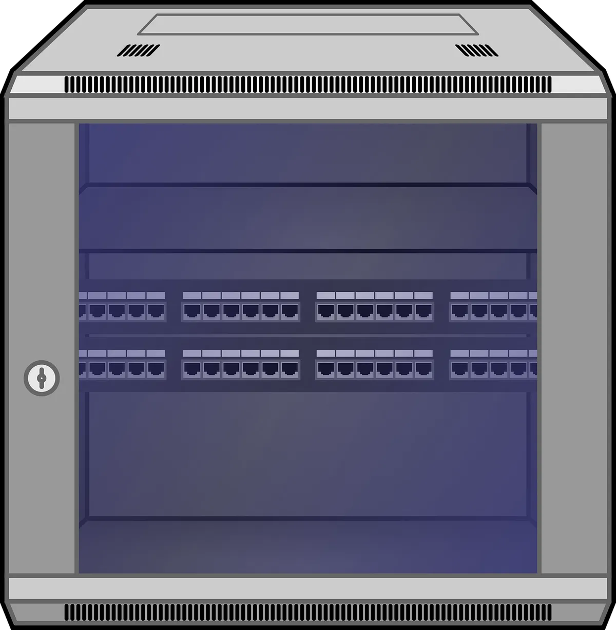High speed server rack infrastructure with flashing status lights representing secure data processing