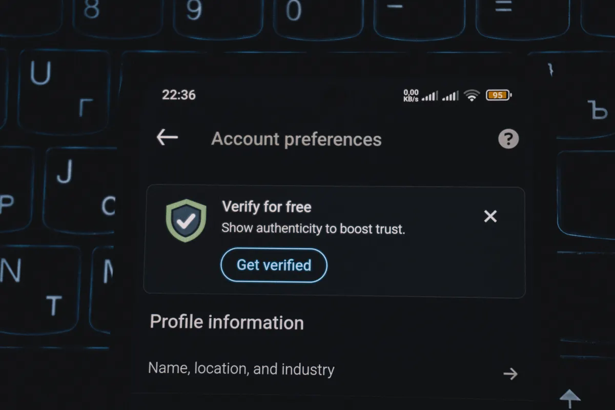 Smartphone screen displaying account verification alert
