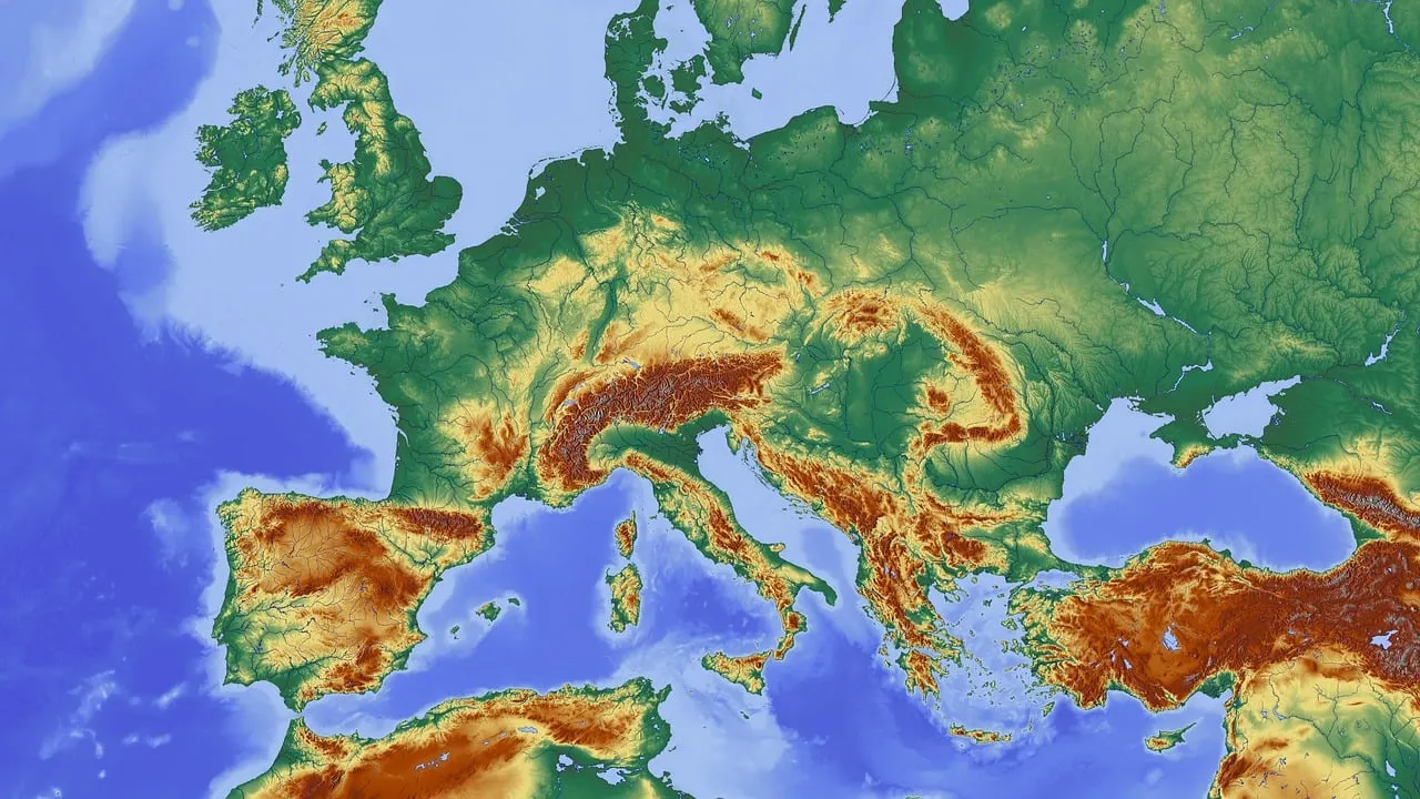Topographical map of United Kingdom and Europe