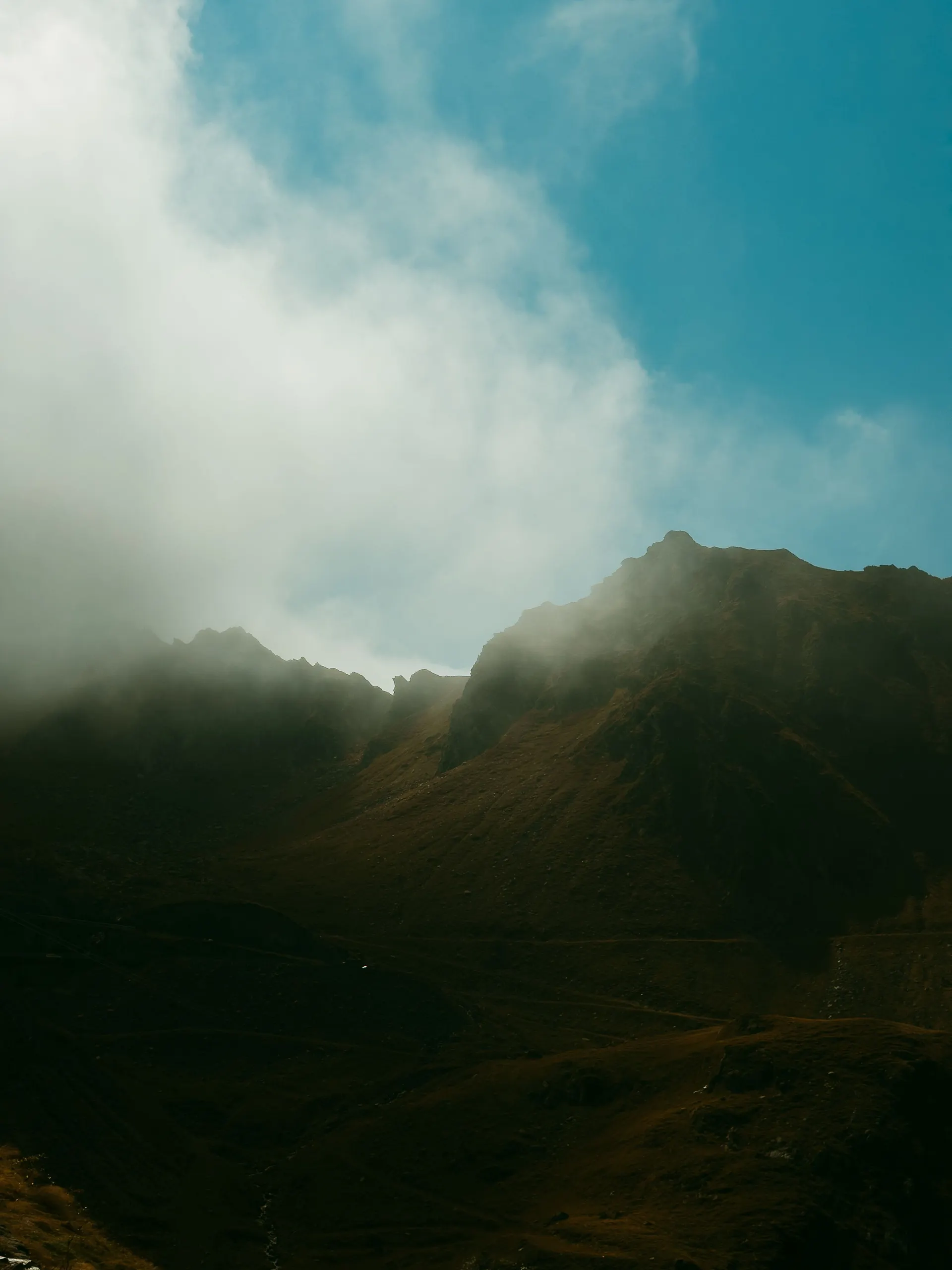 Mist-covered mountain peaks in Transylvania