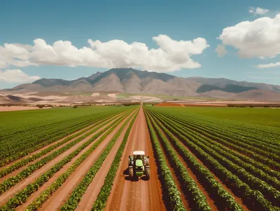 Panoramic agricultural landscape showing sustainable cultivation patterns