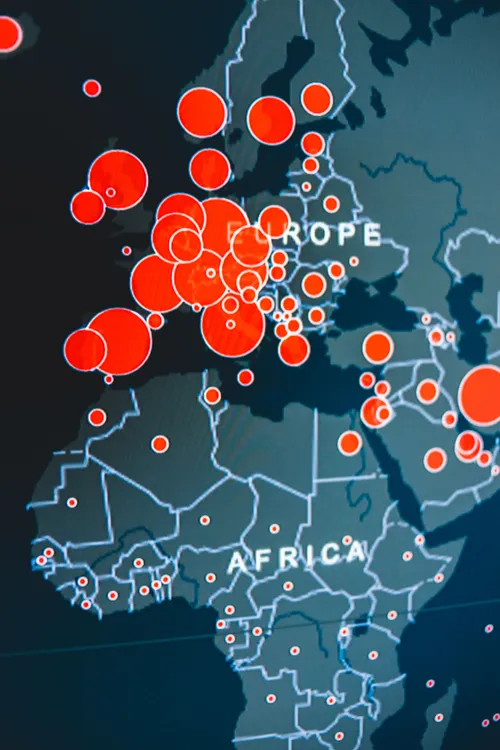 Digital map visualization representing regional connectivity markers across key operational centers