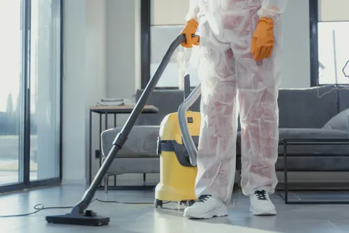 Professional cleaner vacuuming living room
