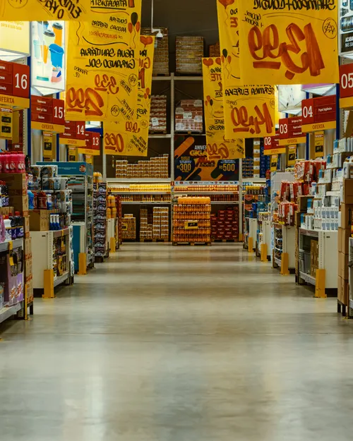 Wide supermarket aisle with colorful sale banners and stocked shelves