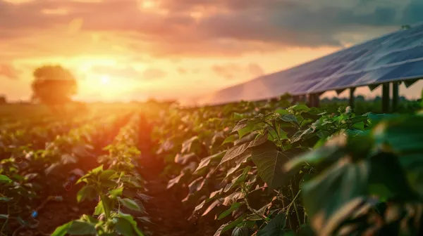 Solar panels at sunset in a field