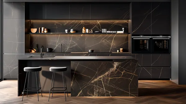 Modern kitchen with floor to ceiling high level cabinets and tan brown granite countertops