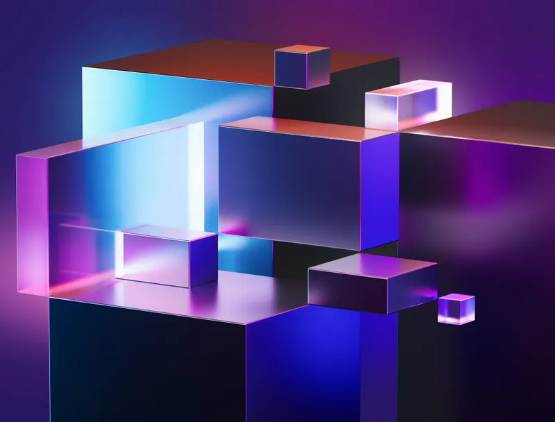 Floating metallic cubes with blue and purple reflections