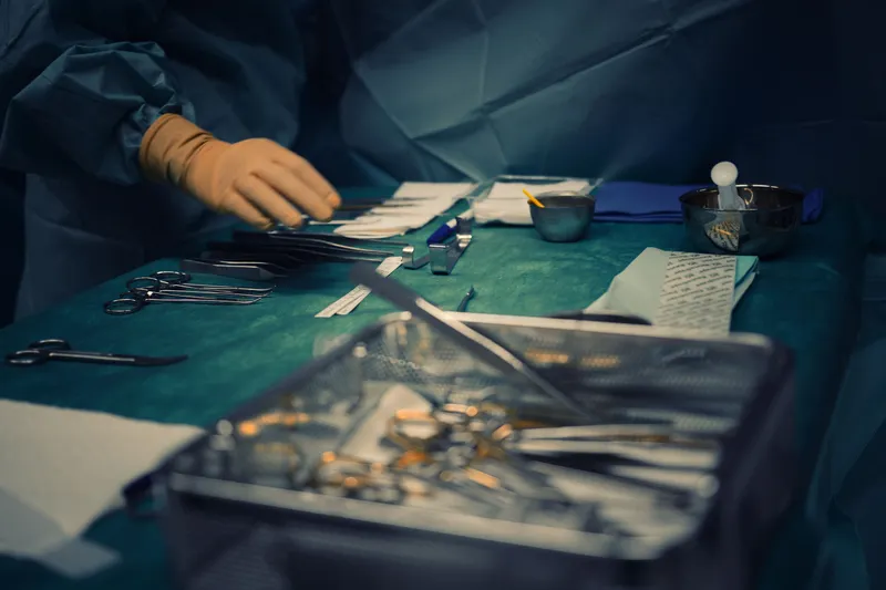 Modern surgical instruments in a sterile operating theatre