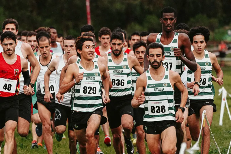 Diverse men competing in a marathon